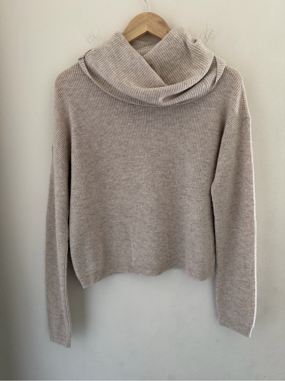 Theory Wool Cashmere Cowl Neck Ribbed Knit Boxy Cropped Sweater Soft Lightweight